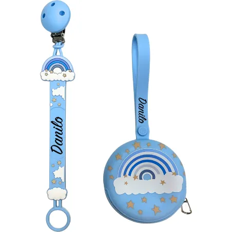 Schnullerkette Flat Regenbogen Pastellblau mit Namen | BABYJART®