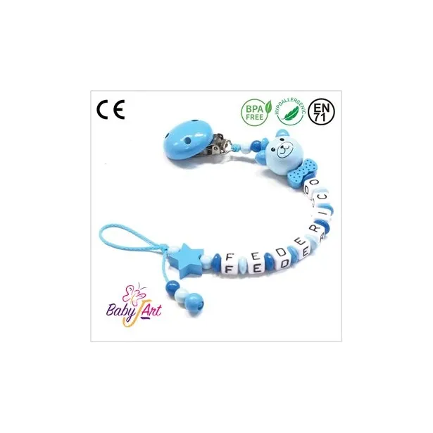 Babyjart Catenella portaciuccio legno con nome, gancio/adattatore ciuccio mam