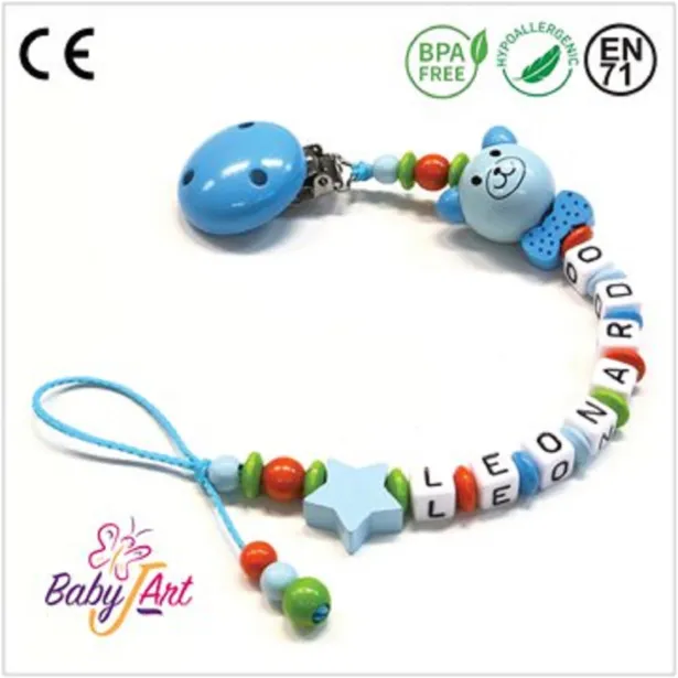 Babyjart Catenella portaciuccio legno con nome, gancio/adattatore ciuccio mam