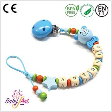Babyjart Catenella portaciuccio legno con nome, gancio/adattatore ciuccio mam