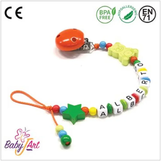 Babyjart Catenella portaciuccio legno con nome, gancio/adattatore ciuccio mam