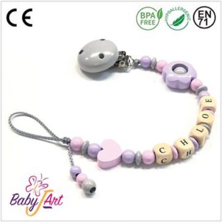 Babyjart wooden dummy chain with name, hook / adapter pacifier mam