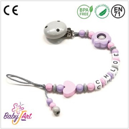 Babyjart Catenella portaciuccio legno con nome, gancio/adattatore ciuccio mam