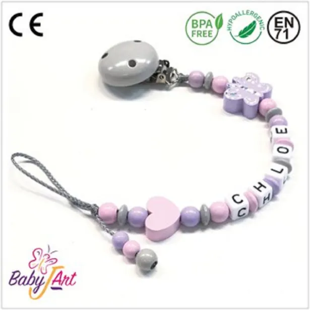 Babyjart Catenella portaciuccio legno con nome, gancio/adattatore ciuccio mam