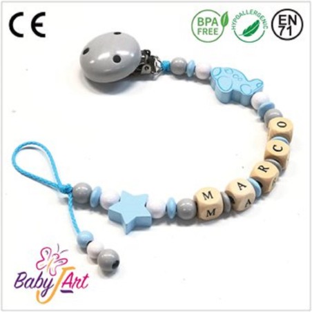 Babyjart wooden dummy chain with name, hook / adapter pacifier mam