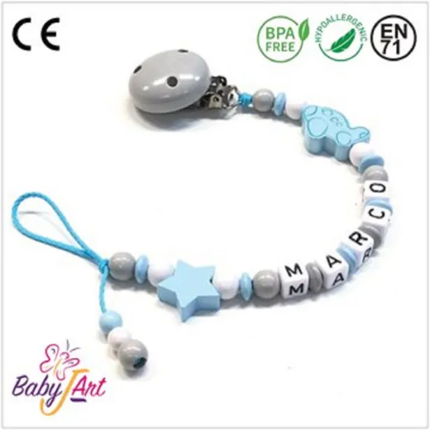 Babyjart Catenella portaciuccio legno con nome, gancio/adattatore ciuccio mam