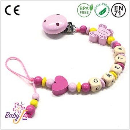 Babyjart wooden dummy chain with name, hook / adapter pacifier mam