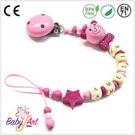 Babyjart Catenella portaciuccio legno con nome, gancio/adattatore ciuccio mam