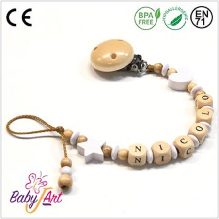 Babyjart Catenella portaciuccio legno con nome, gancio/adattatore ciuccio mam