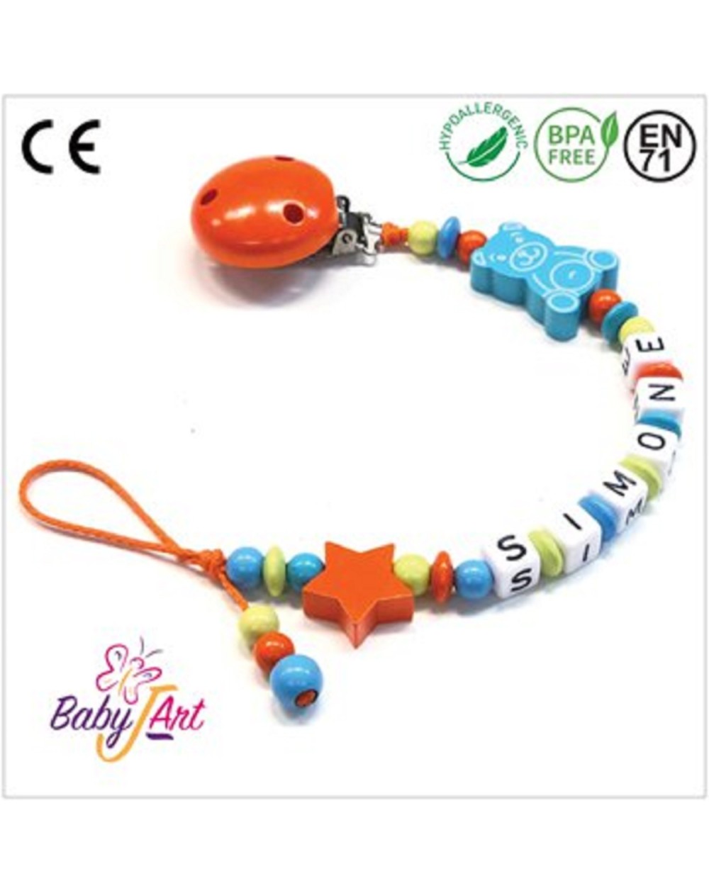 Babyjart Catenella portaciuccio legno con nome, gancio/adattatore ciuccio mam