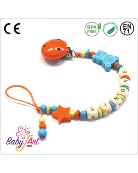 Babyjart Catenella portaciuccio legno con nome, gancio/adattatore ciuccio mam