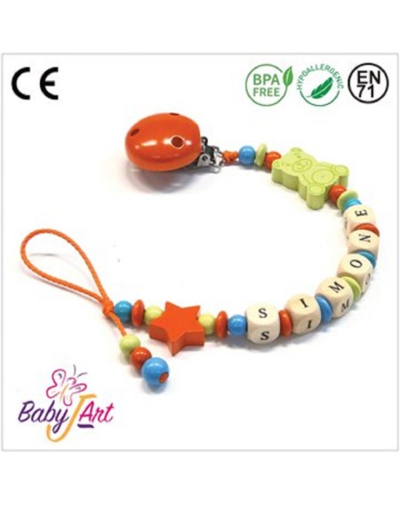 Babyjart Catenella portaciuccio legno con nome, gancio/adattatore ciuccio mam