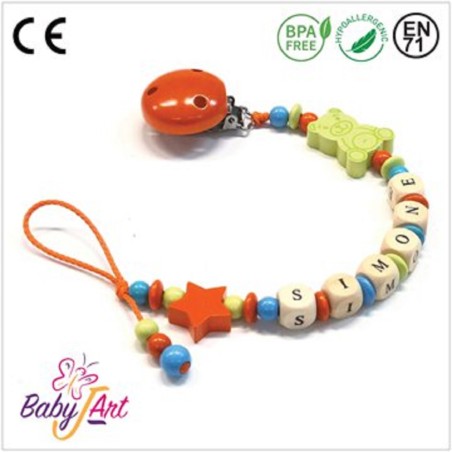 Babyjart Catenella portaciuccio legno con nome, gancio/adattatore ciuccio mam