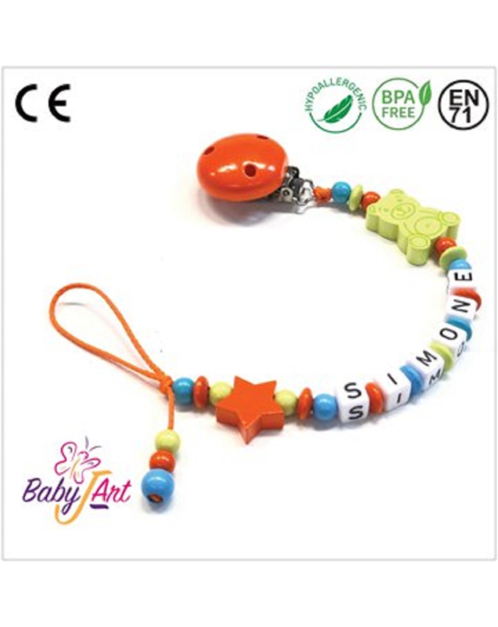 Babyjart Catenella portaciuccio legno con nome, gancio/adattatore ciuccio mam