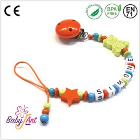 Babyjart Catenella portaciuccio legno con nome, gancio/adattatore ciuccio mam