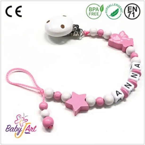 Babyjart Catenella portaciuccio legno con nome, gancio/adattatore ciuccio mam