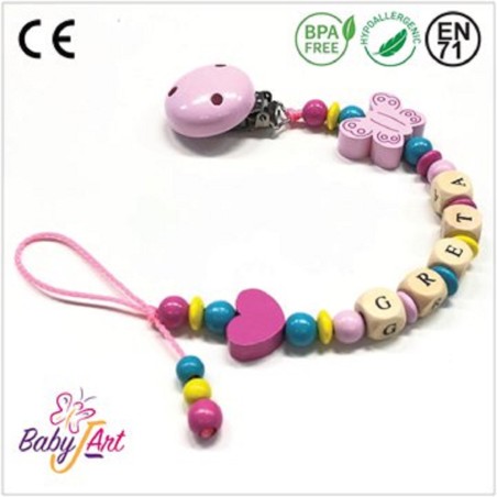 Babyjart wooden dummy chain with name, hook / adapter pacifier mam