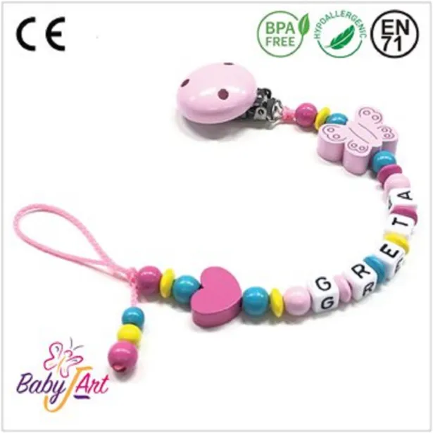 Babyjart Catenella portaciuccio legno con nome, gancio/adattatore ciuccio mam