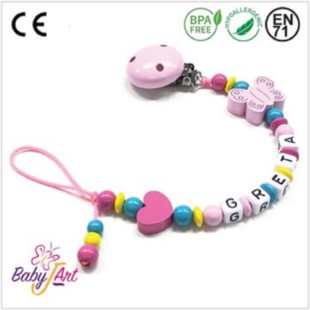 Babyjart wooden dummy chain with name, hook / adapter pacifier mam