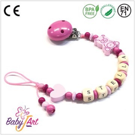 Babyjart Catenella portaciuccio legno con nome, gancio/adattatore ciuccio mam