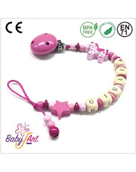 Babyjart Catenella portaciuccio legno con nome, gancio/adattatore ciuccio mam