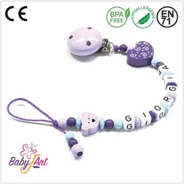 Babyjart Catenella portaciuccio legno con nome, gancio/adattatore ciuccio mam