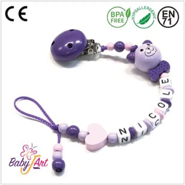 Babyjart Catenella portaciuccio legno con nome, gancio/adattatore ciuccio mam