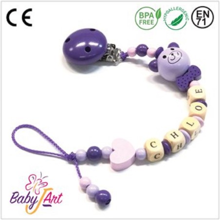 Babyjart Catenella portaciuccio legno con nome, gancio/adattatore ciuccio mam