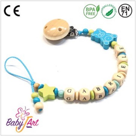 Babyjart Catenella portaciuccio legno con nome, gancio/adattatore ciuccio mam