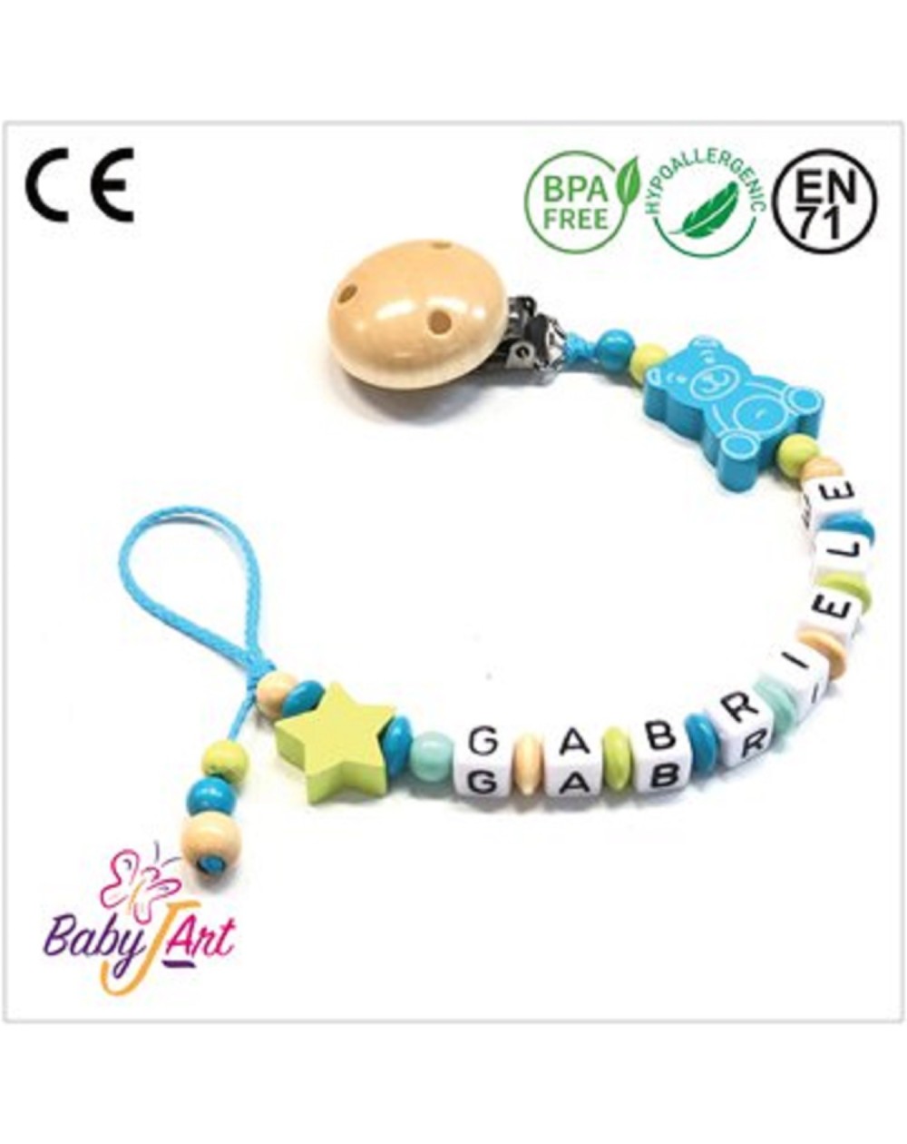 Babyjart wooden dummy chain with name, hook / adapter pacifier mam