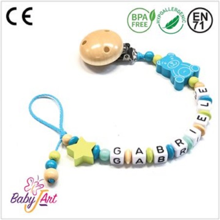 Babyjart wooden dummy chain with name, hook / adapter pacifier mam