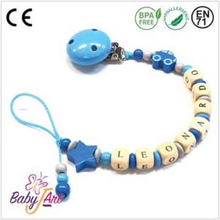 Babyjart Catenella portaciuccio legno con nome, gancio/adattatore ciuccio mam