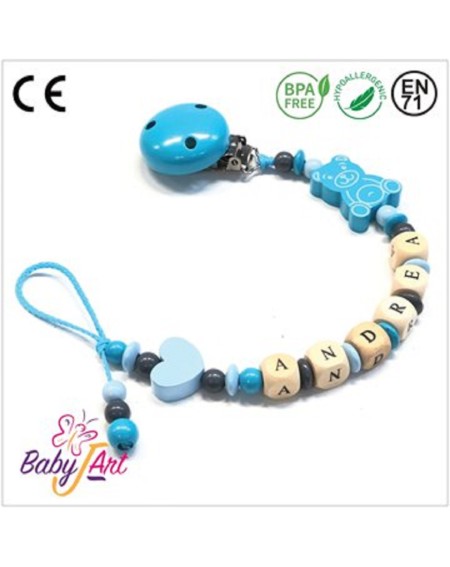 Babyjart Catenella portaciuccio legno con nome, gancio/adattatore ciuccio mam