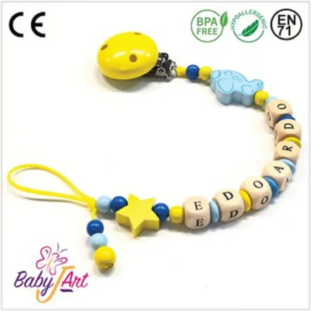 Babyjart Catenella portaciuccio legno con nome, gancio/adattatore ciuccio mam