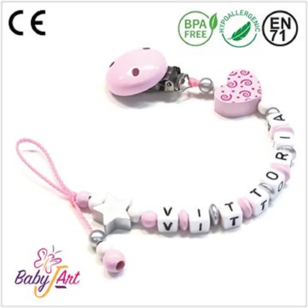 Babyjart Catenella portaciuccio legno con nome, gancio/adattatore ciuccio mam