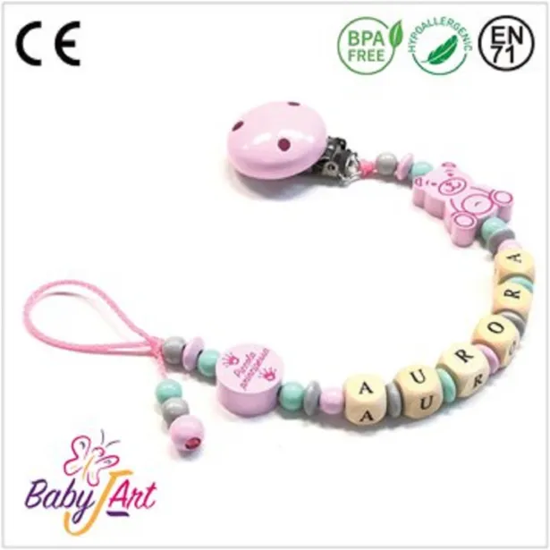 Babyjart Catenella portaciuccio legno con nome, gancio/adattatore ciuccio mam