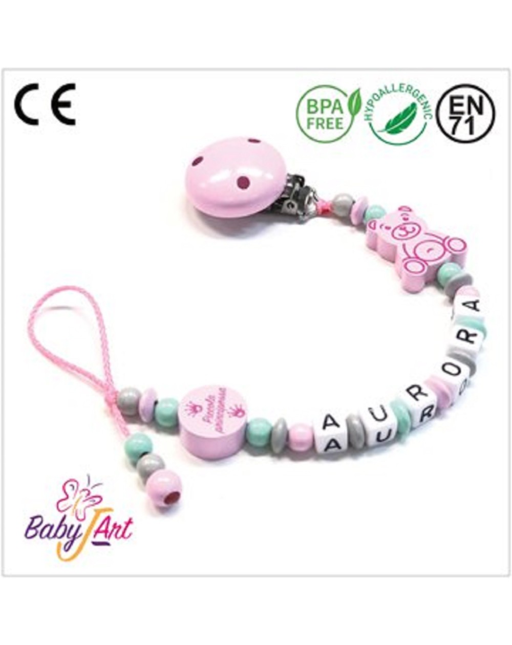 Babyjart wooden dummy chain with name, hook / adapter pacifier mam