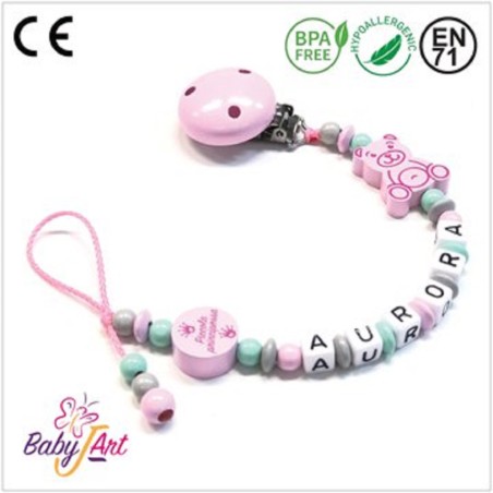 Babyjart wooden dummy chain with name, hook / adapter pacifier mam