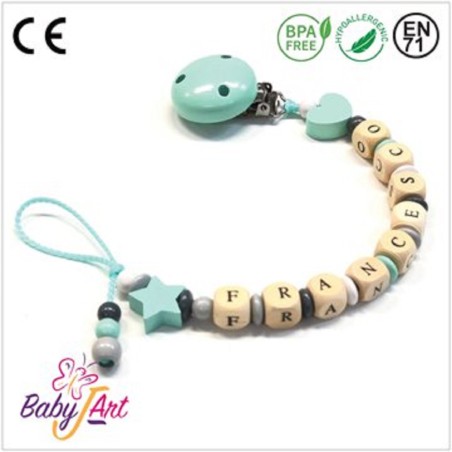 Babyjart wooden dummy chain with name, hook / adapter pacifier mam