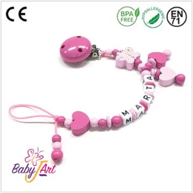 Babyjart Catenella portaciuccio legno con nome, gancio/adattatore ciuccio mam